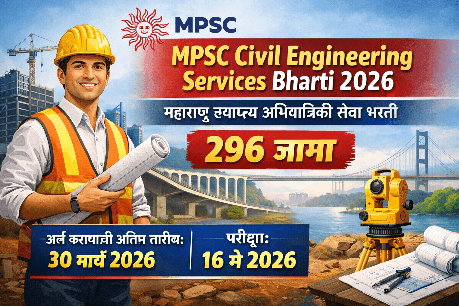 Read more about the article MPSC Civil Engineering Services Bharti 2026: महाराष्ट्र स्थापत्य अभियांत्रिकी सेवा भरती – 296 जागांसाठी अर्ज सुरू