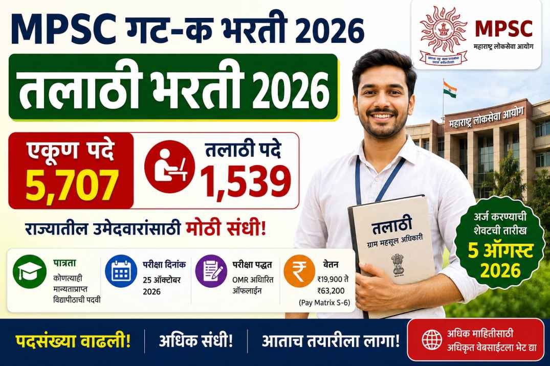 Read more about the article Maharashtra Talathi Bharti 2026: 1,539 तलाठी पदांसह MPSC ची 5,707 जागांची मेगाभरती; 5 ऑगस्टपर्यंत अर्ज करा