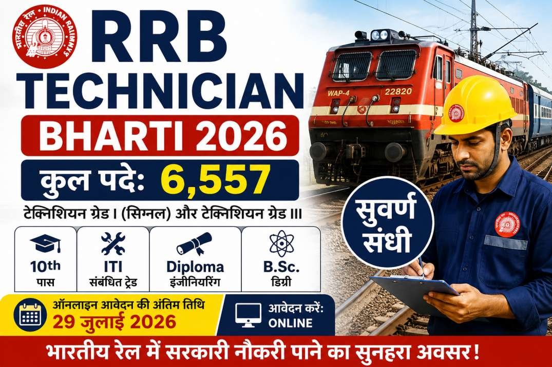 Read more about the article RRB Technician Bharti 2026: 6,557 टेक्निशियन पदांसाठी मेगाभरती; 10वी, ITI, डिप्लोमा आणि B.Sc. उमेदवारांसाठी सुवर्णसंधी