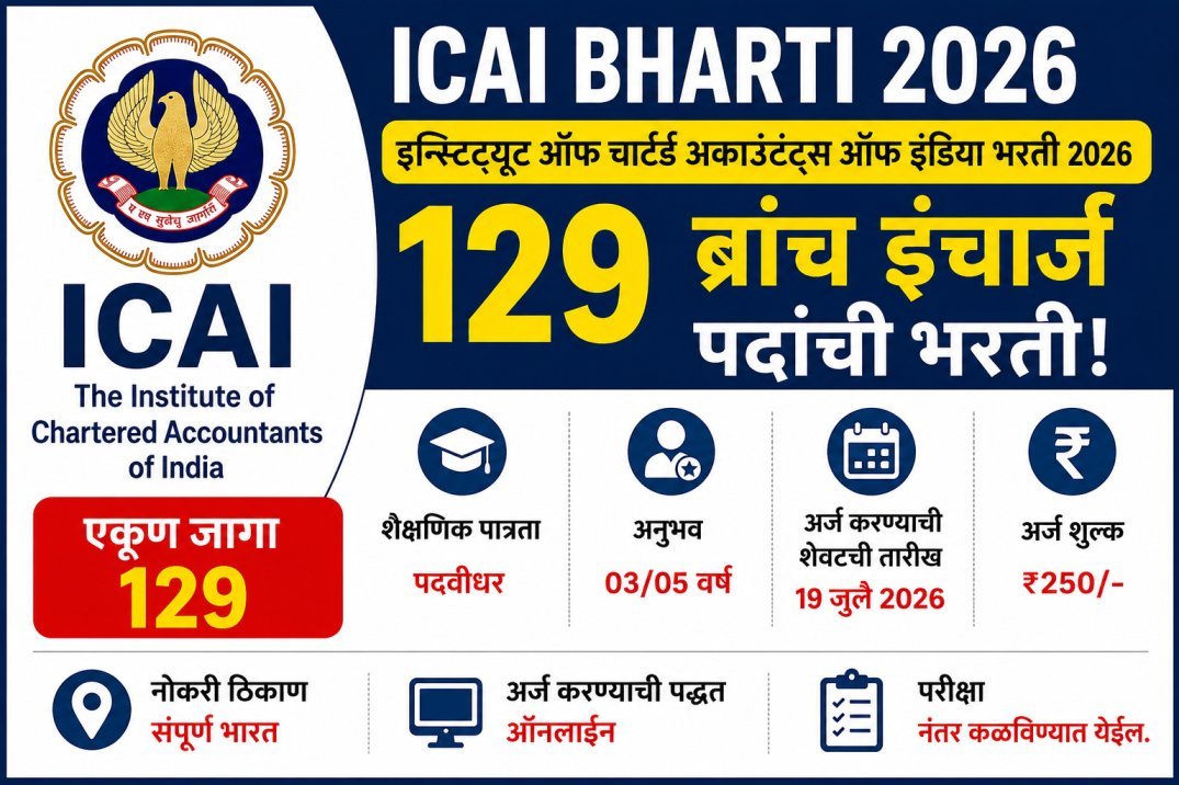 Read more about the article ICAI Bharti 2026: इन्स्टिट्यूट ऑफ चार्टर्ड अकाउंटंट्स ऑफ इंडिया मध्ये 129 जागांची भरती सुरू