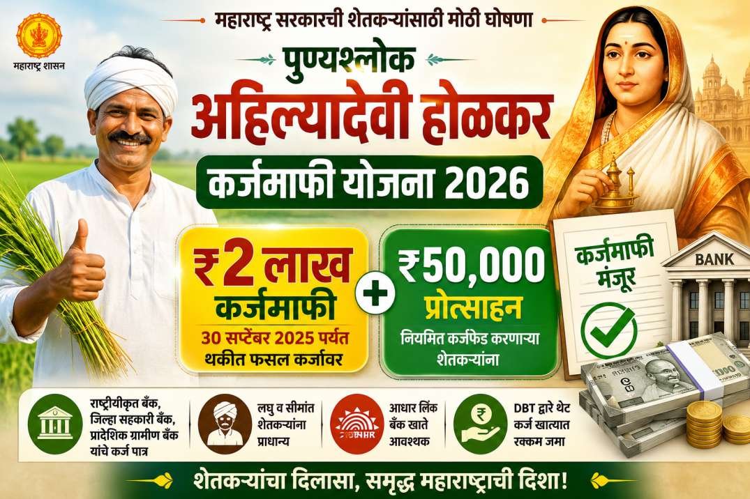 Read more about the article पुण्यश्लोक अहिल्यादेवी होळकर कर्जमाफी योजना 2026: शेतकऱ्यांना ₹2 लाखांपर्यंत कर्जमाफी; नियमित कर्जफेड करणाऱ्यांना ₹50,000 प्रोत्साहन